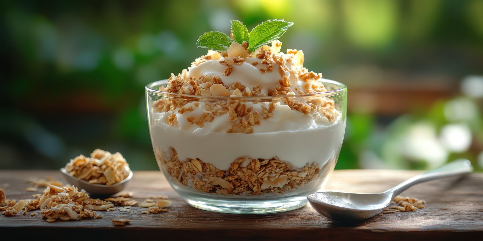 Delicious yogurt parfait with granola and mint garnish served in a clear glass bowl